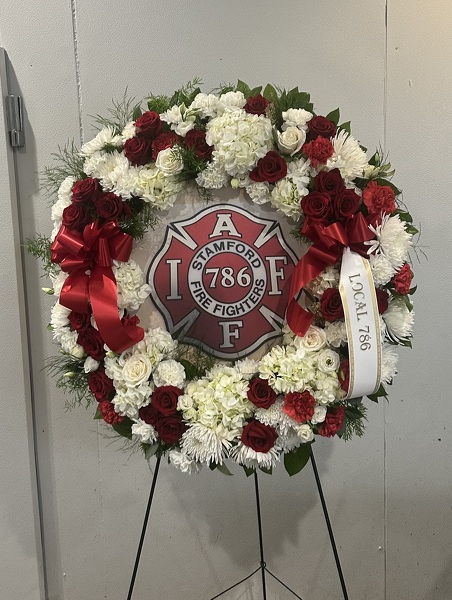 Racs Custom Wreath (Fire Badge) from Racanello Florist in Stamford, CT
