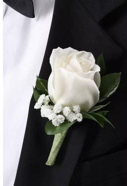 White Rose babies breath Boutonniere from Racanello Florist in Stamford, CT